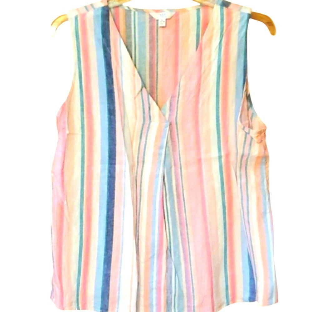 Time & Tru Multicolor Pastel Stripe Mock Wrap Sleeveless Linen Top Size XL 16-18
